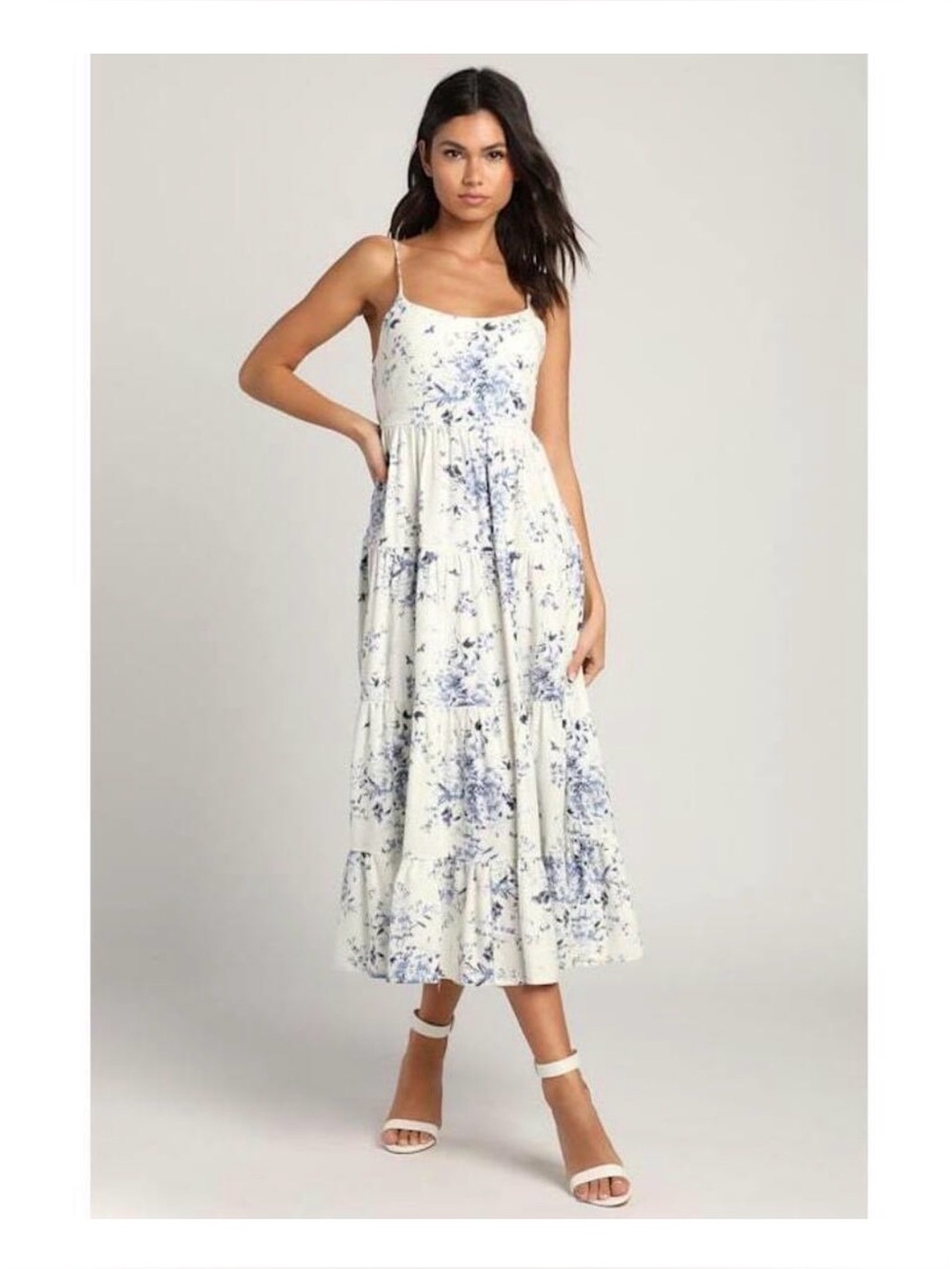Women's White Mykonos Mood Floral Print linen blend Tiered Midi Dress size MD
